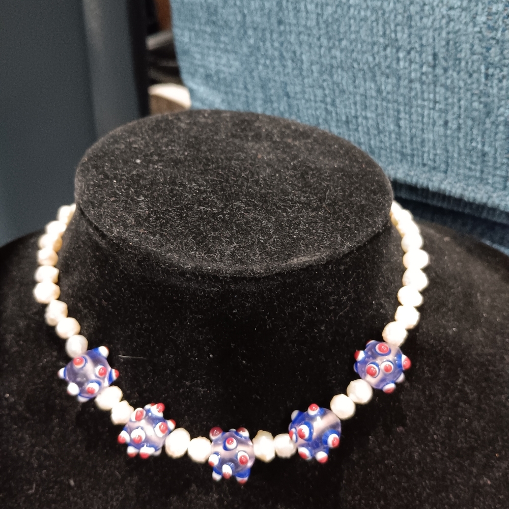Vintage Baroque fresh water pearls and lamp work beads checker necklace